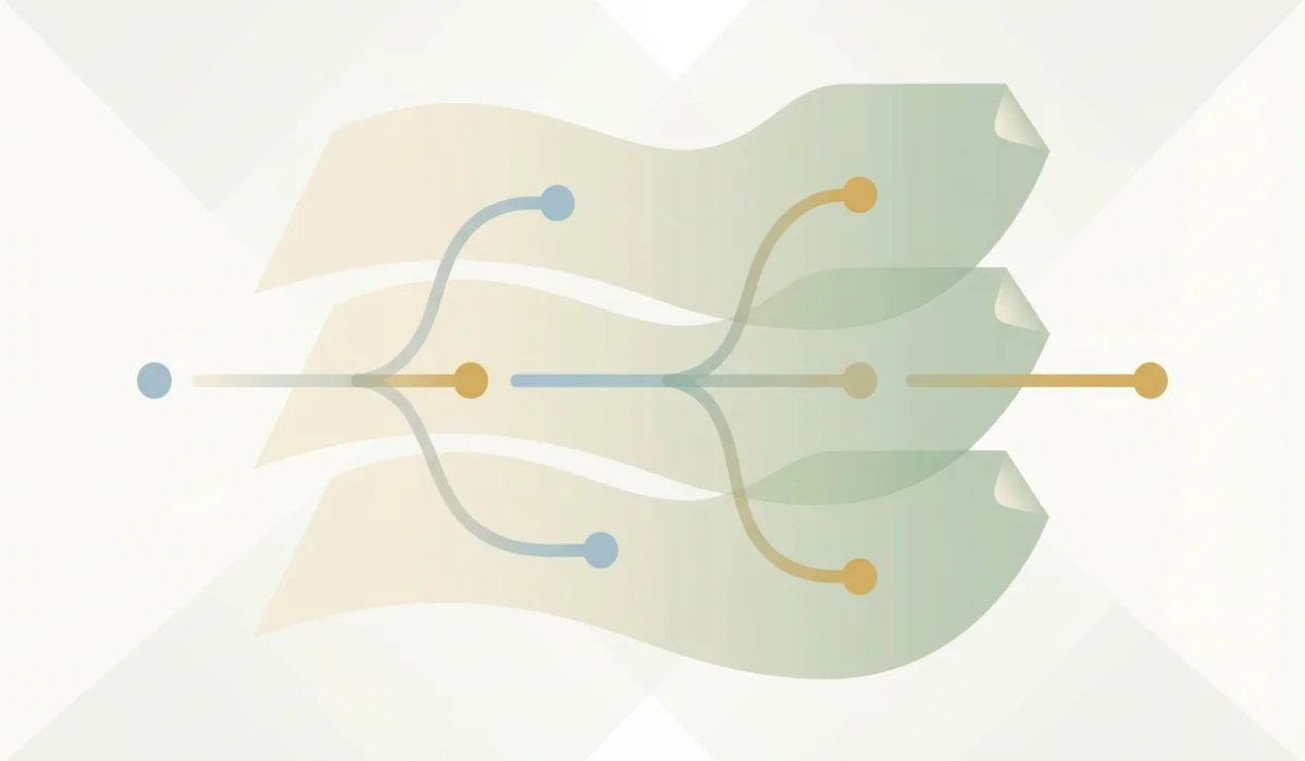 Abstrakte Darstellung Versionierung und Dokumentationsstände für minorcontextcanvas.info, 1200×700 px